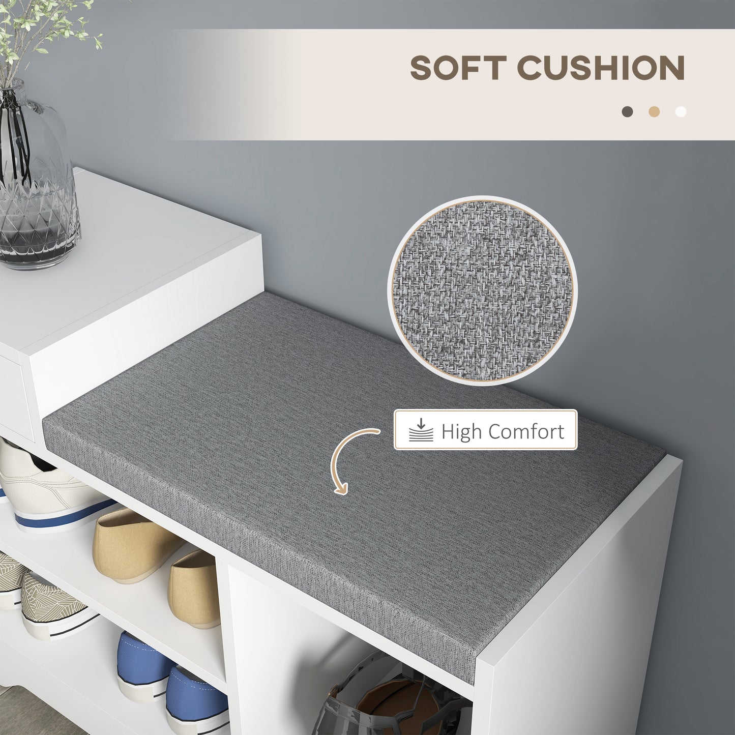 HOMCOM Upholstered Shoe Storage Bench, Comfy Seat, Drawer & 3 Open Shelves