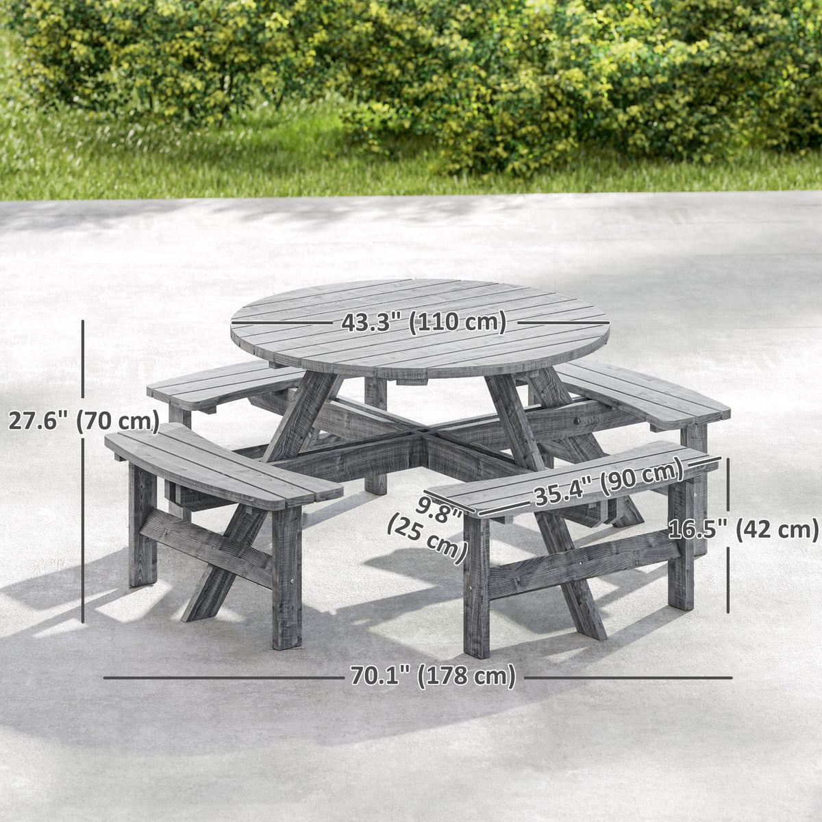 8 Seater Round Wooden Pub Bench & Picnic Table, Patio Dining Set for Outdoor Patio (Umbrella Not Included) – Grey
