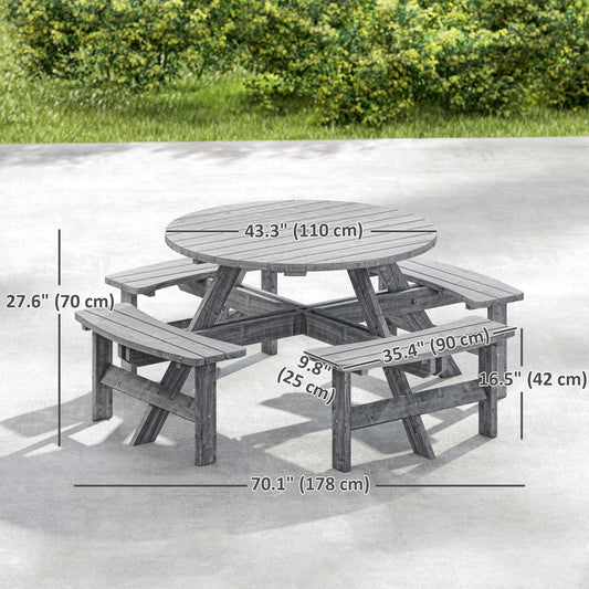 8 Seater Round Wooden Pub Bench & Picnic Table, Patio Dining Set for Outdoor Patio (Umbrella Not Included) – Grey