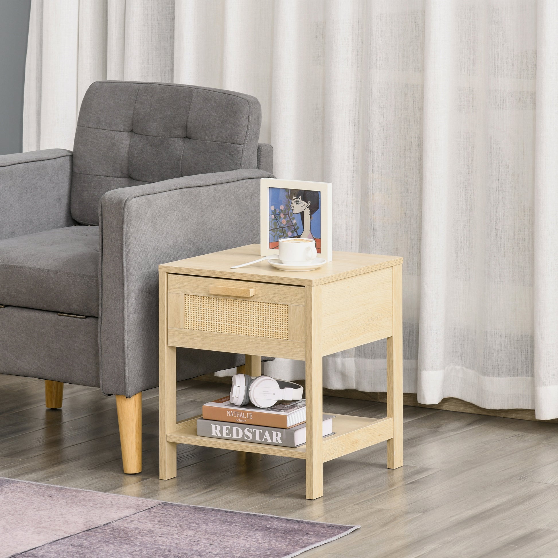 HOMCOM Natural Rattan Nightstand: Modern Bedside End Table with Storage