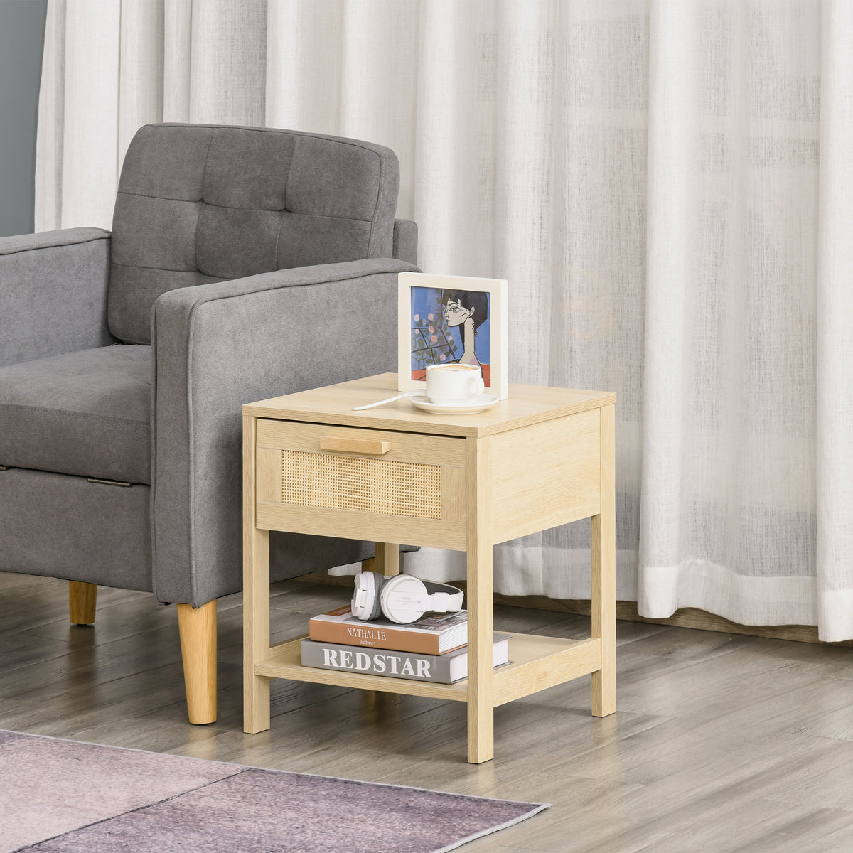 Narrow Rattan Nightstand with Drawer and Shelf – 16"W x 19"H