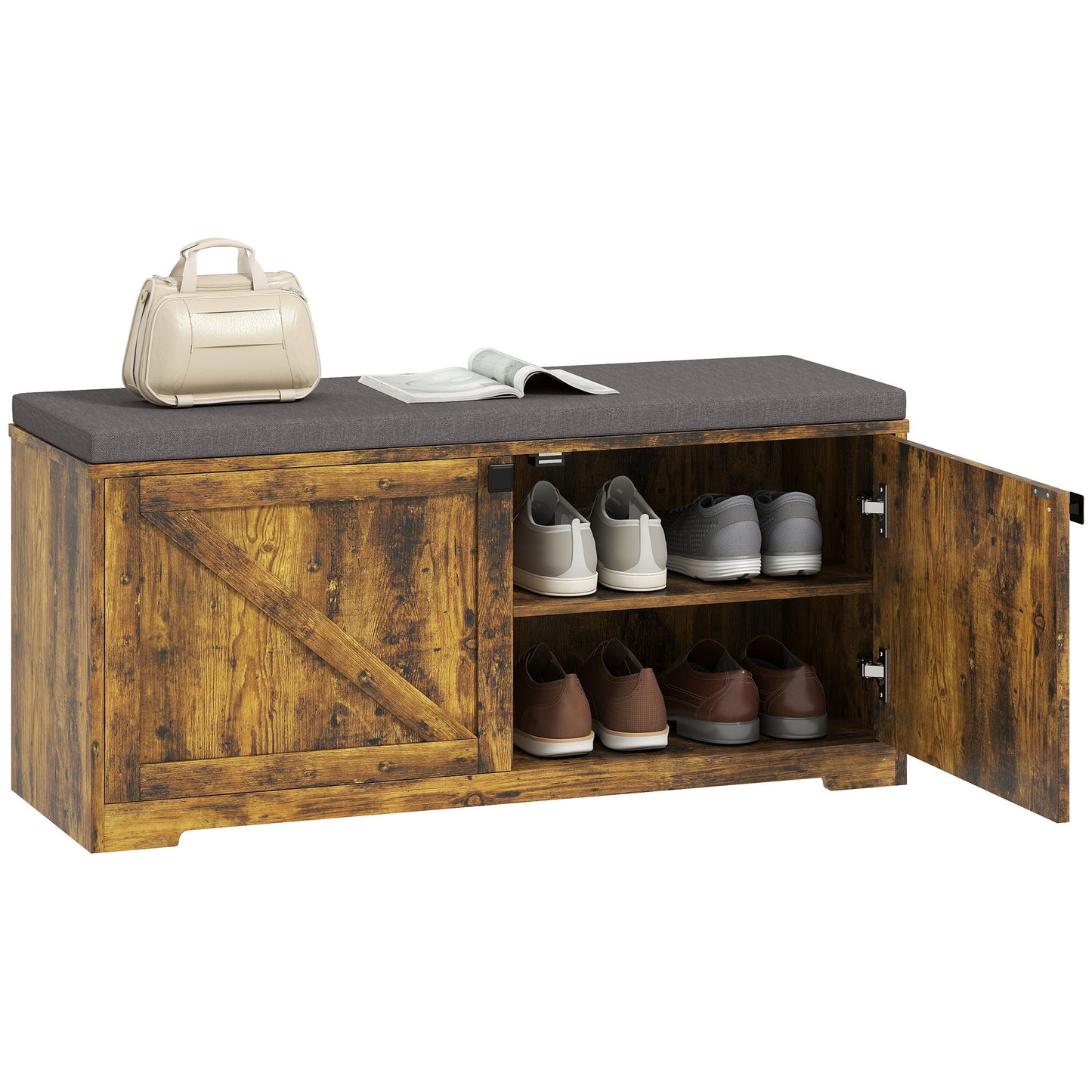 HOMCOM Rustic Brown Entryway Shoe Storage Bench with Padded Seat, Holds 8 Pairs