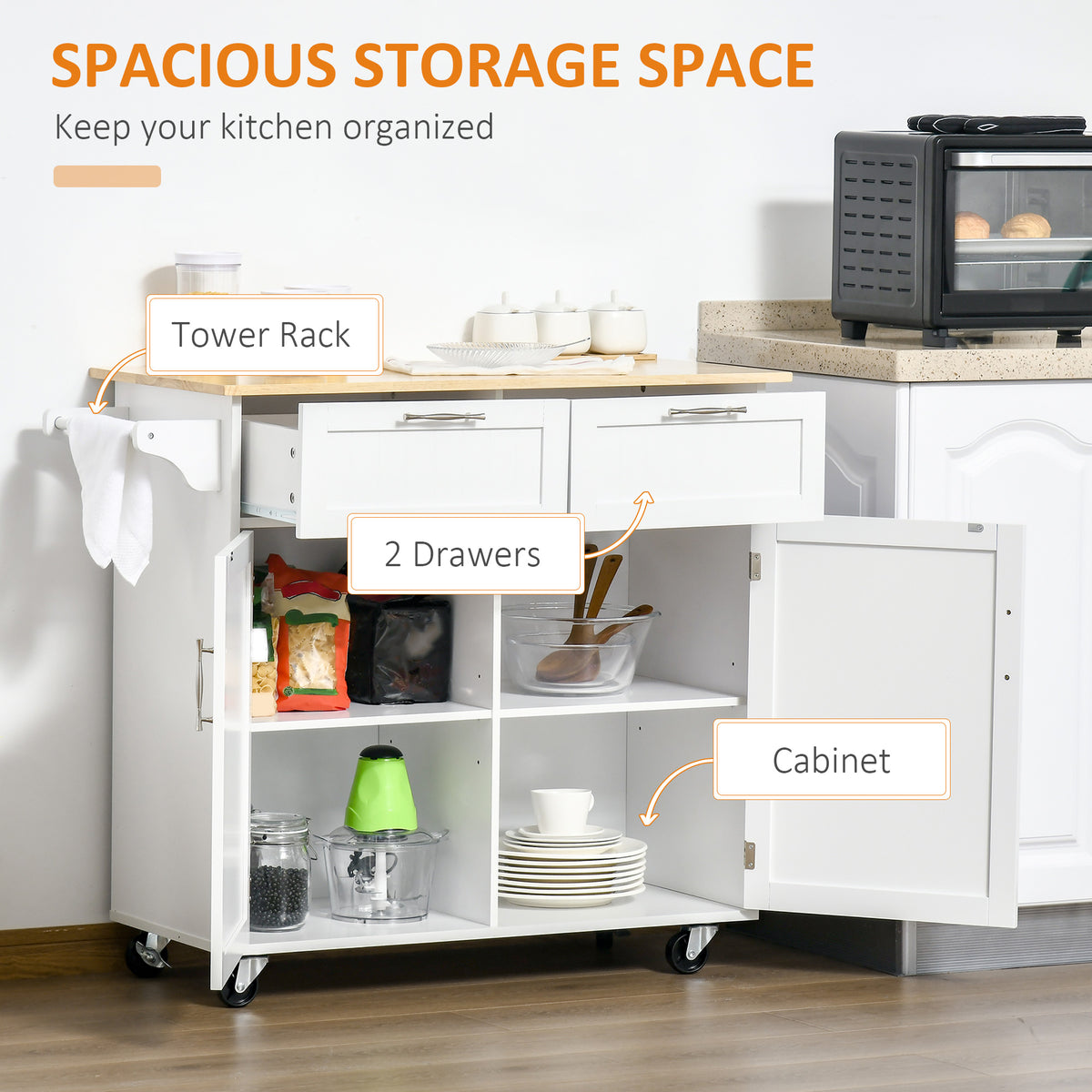 Kitchen Cart on Wheels with 2 Storage Drawers – 41"W x 36"H