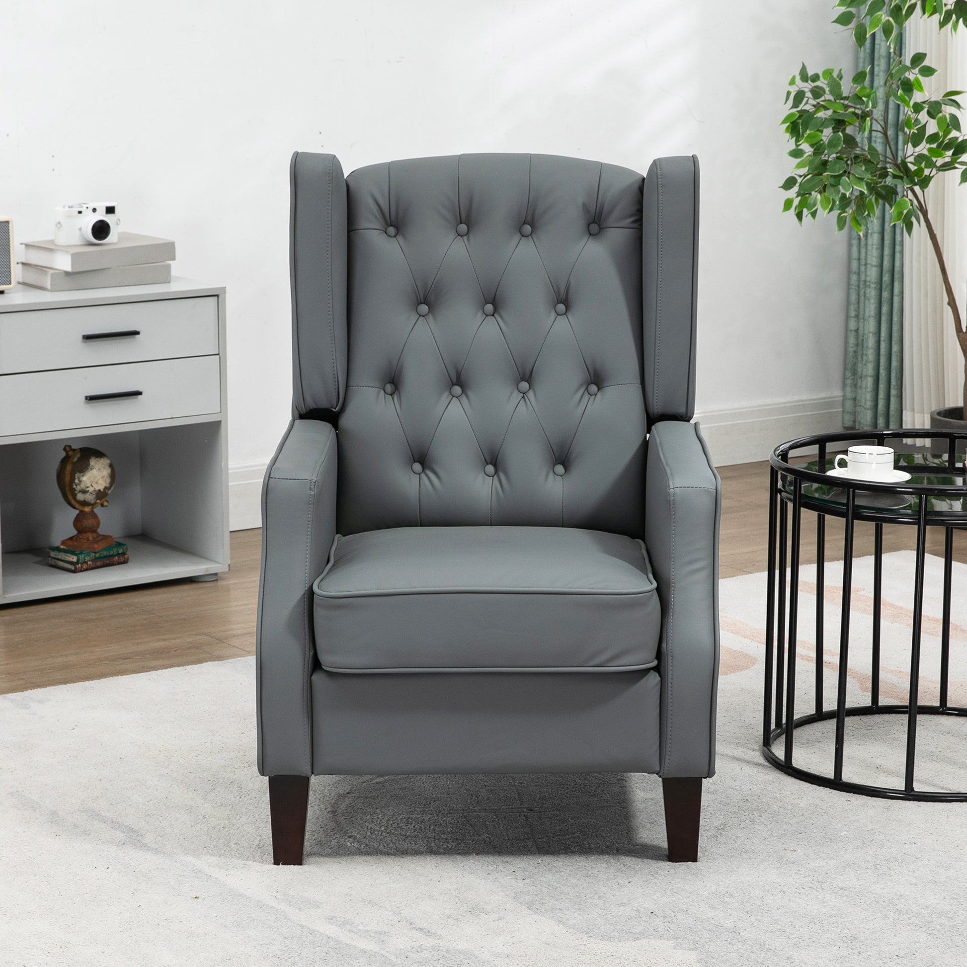 HOMCOM Modern Grey Faux Leather Armchair with Thick Padded Wingback Design