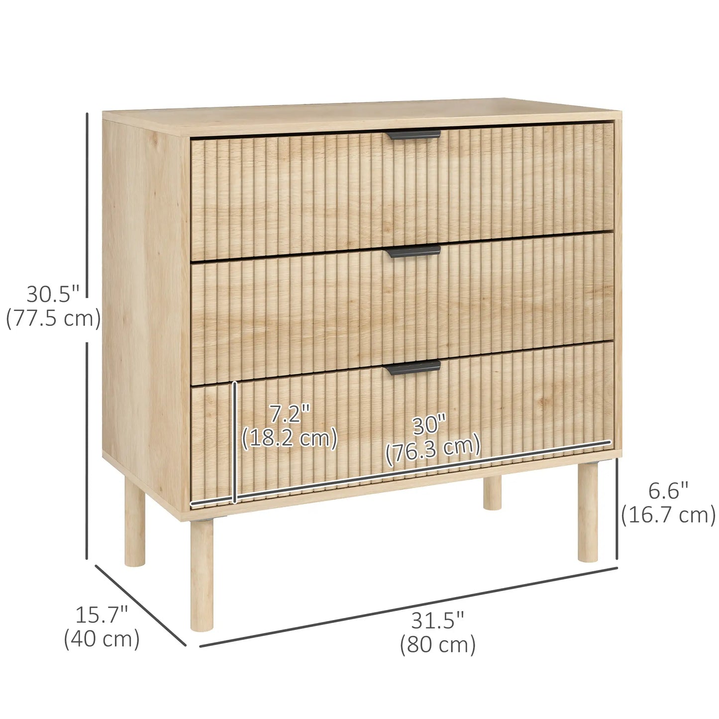 Bedroom Chest of Drawers: 3 Drawer Dresser with Fluted Panels