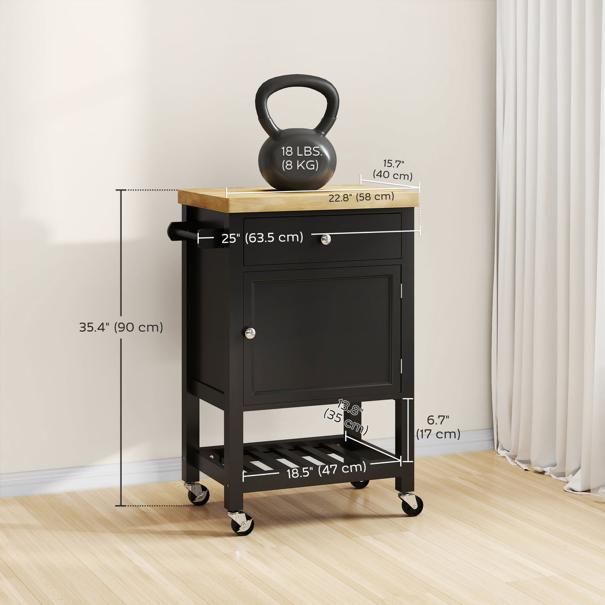 Rolling Kitchen Cart with Wood Top – 25"W x 35"H