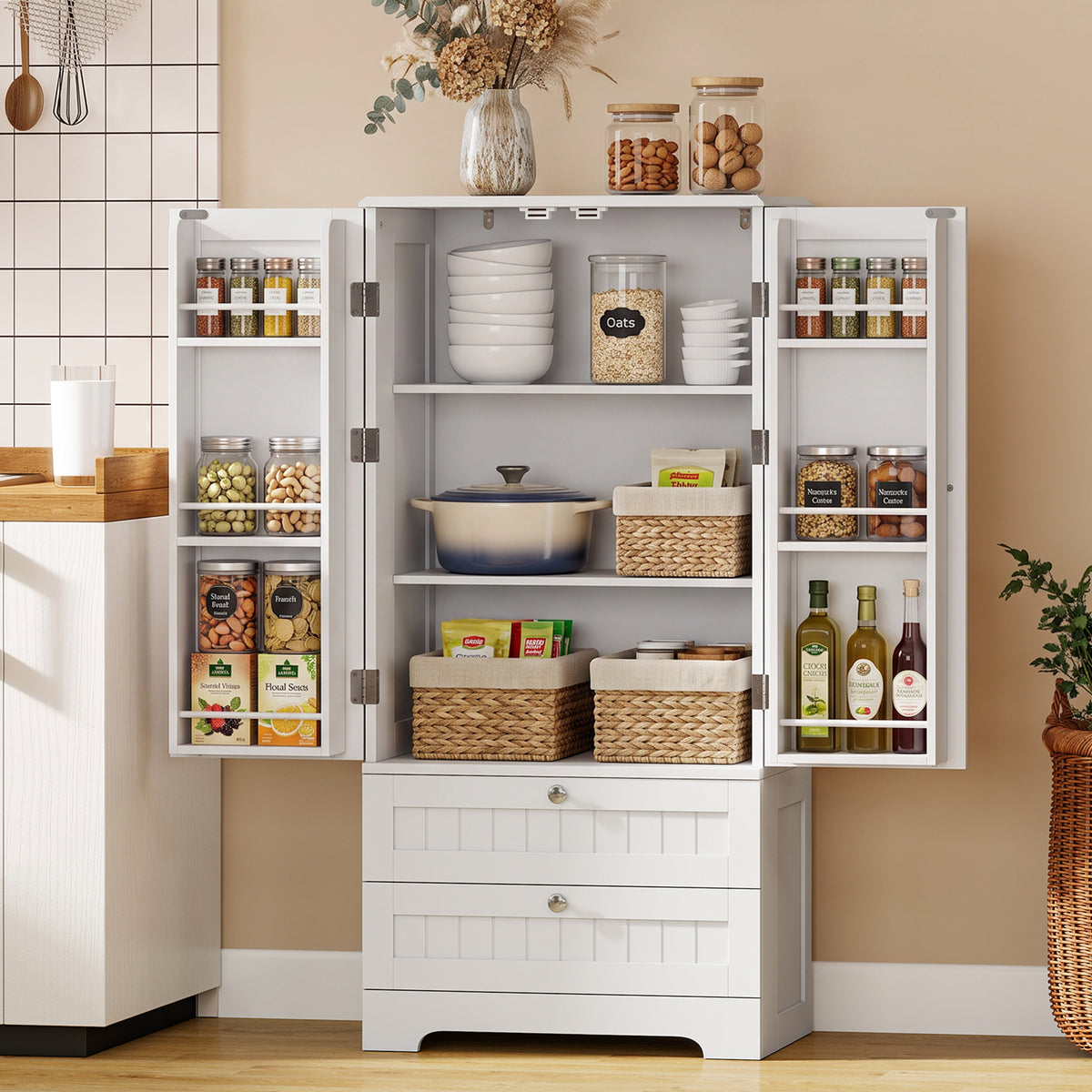 Farmhouse Kitchen Pantry with 6 Door Racks and 2 Drawers – 23"W x 47"H