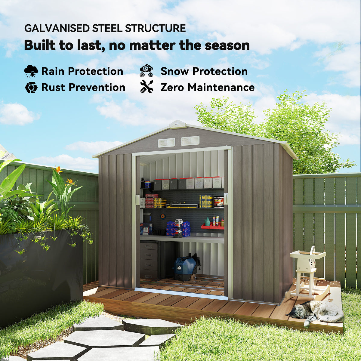 7'x 4'x 6' Garden Tool Shed Metal Storage Shed w/ Foundation Kit, Vents and Double Doors – Brown