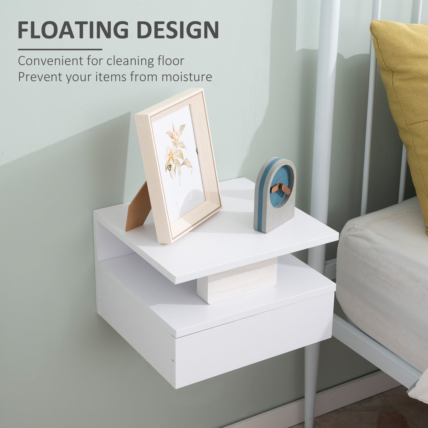 HOMCOM White Floating Wall Mounted Bedside Nightstands with Drawer and Shelf