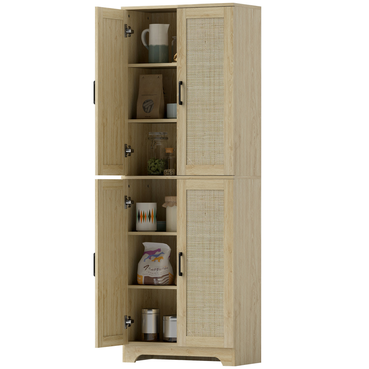 Tall Kitchen Pantry with 4 Rattan Doors and Adjustable Shelves – 24"W x 67"H