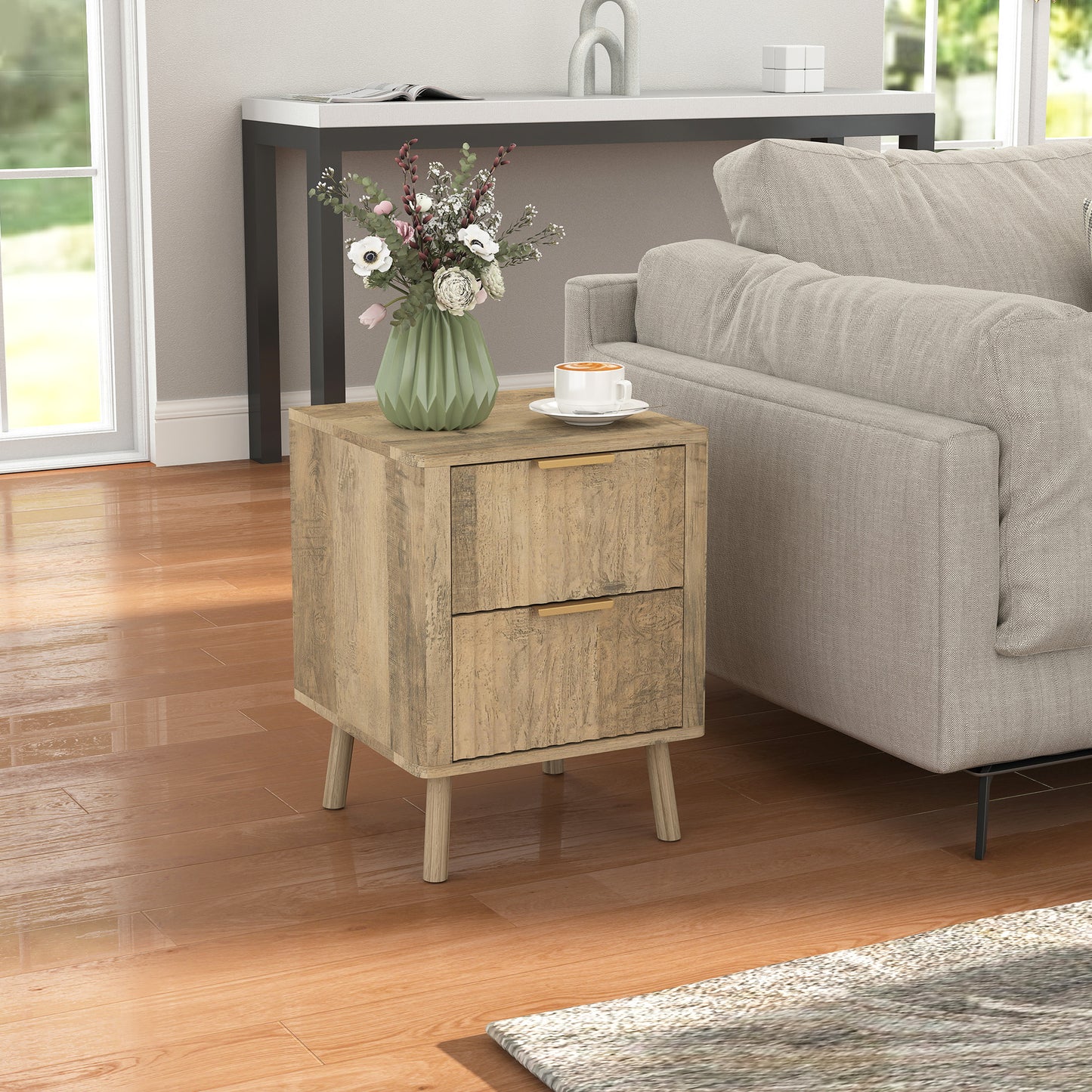 HOMCOM Modern Oak Nightstands Set of 2, Fluted Drawers, Finger Pulls