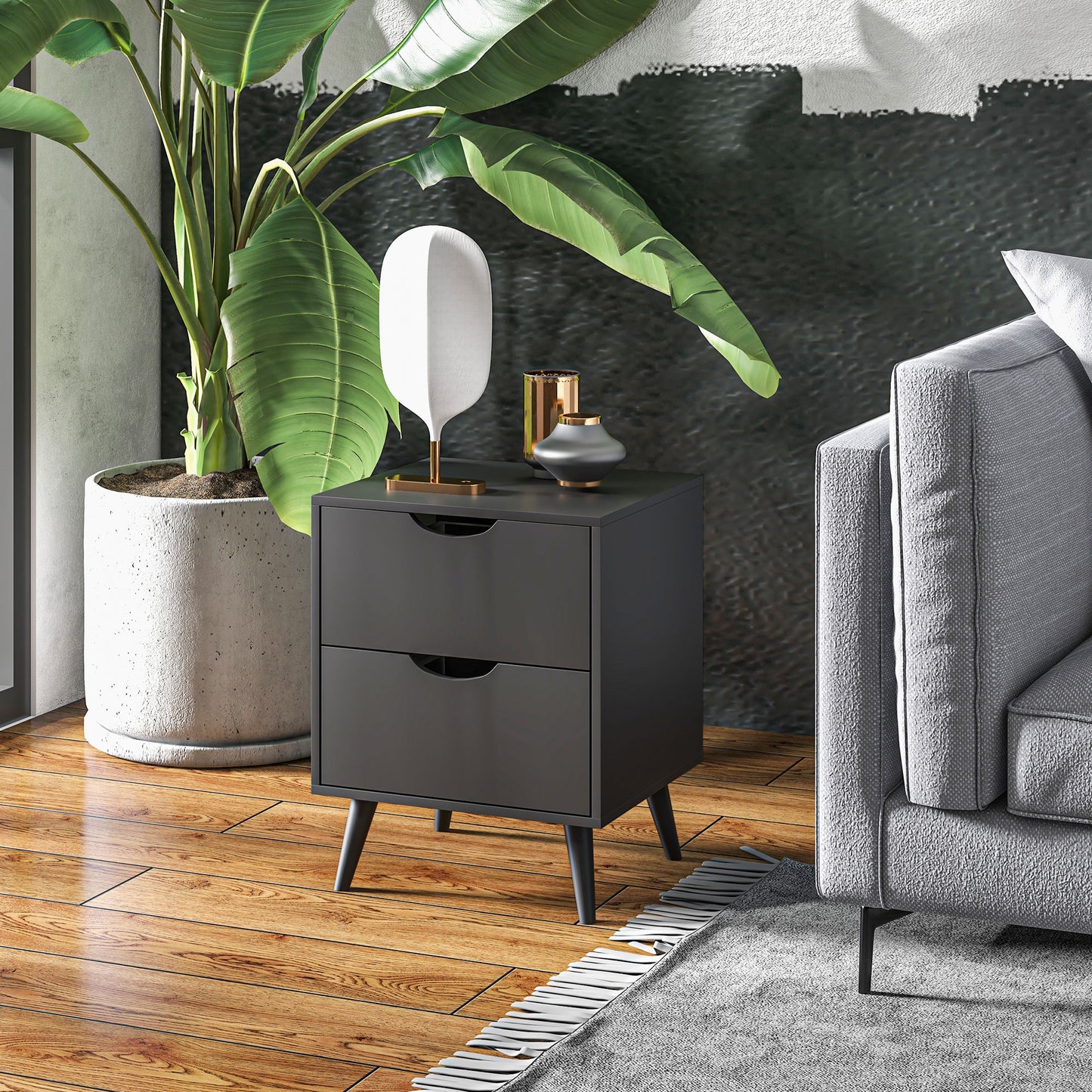 HOMCOM Modern Black Nightstand with Two Drawers, Solid Pine Wood Legs