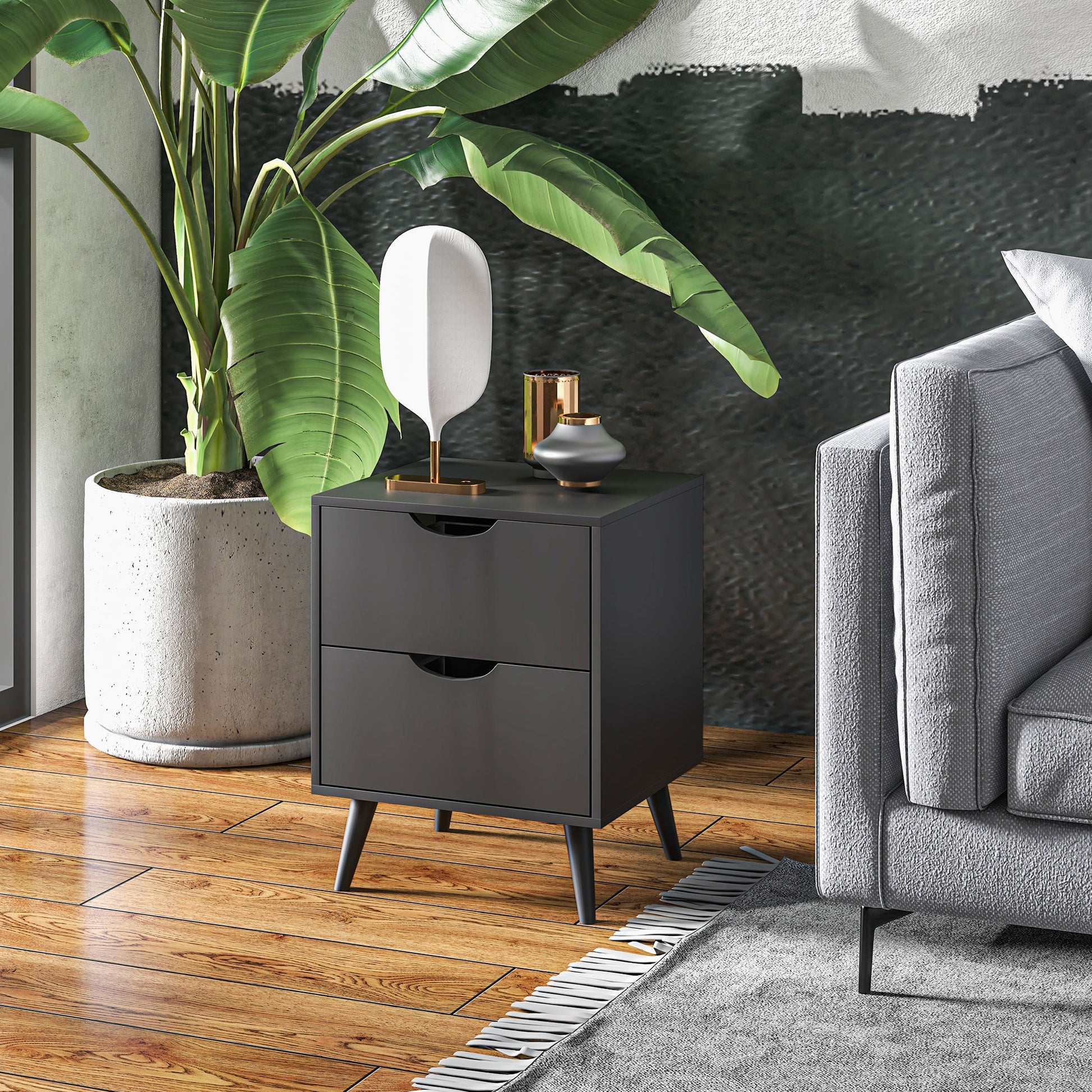 HOMCOM Modern Black Nightstand with Two Drawers, Solid Pine Wood Legs