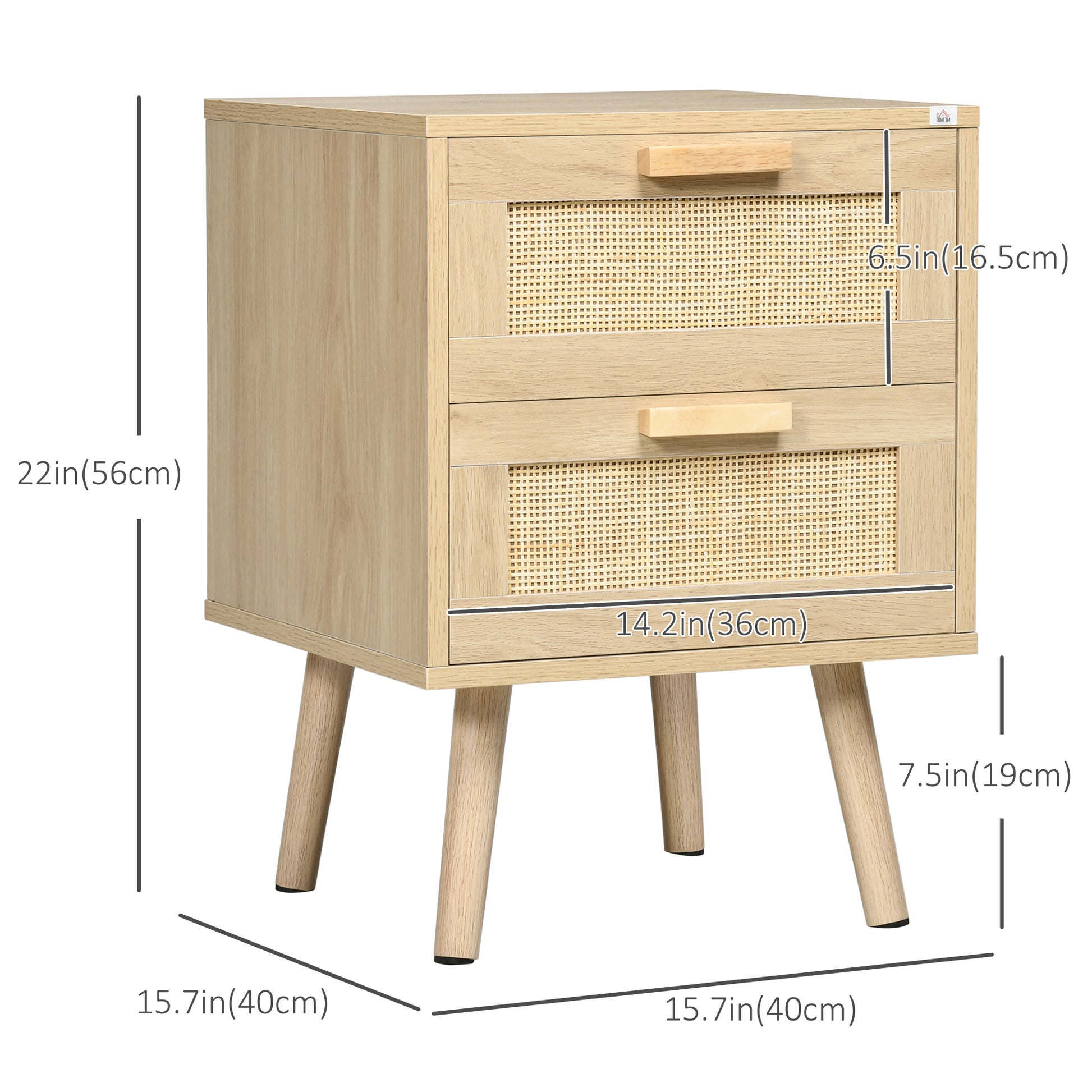 HOMCOM Boho Chic Nightstand Set of 2 with 2 Drawers, Living Bedroom Side Tables