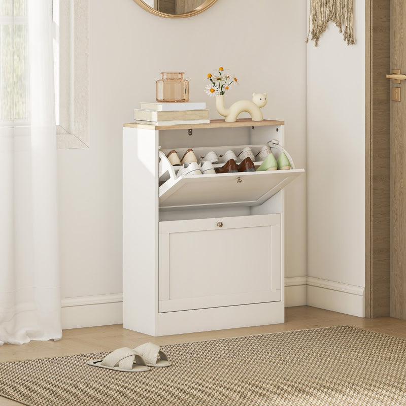 HOMCOM Slim White Shoe Storage Cabinet - Two Flip Drawers, Adjustable Shelves