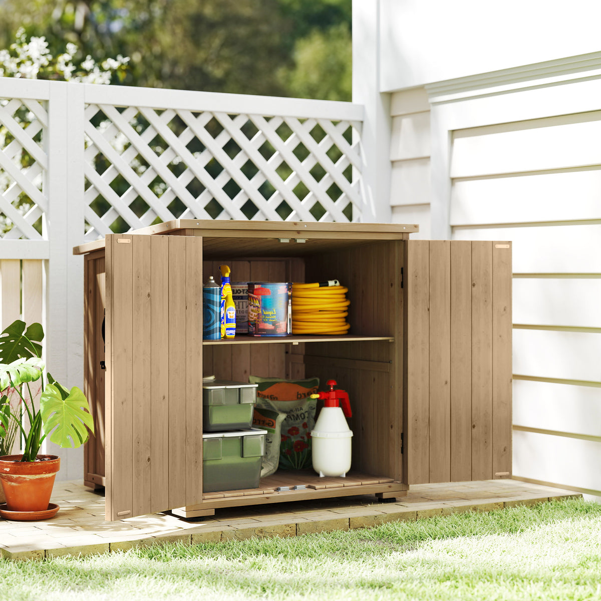 Wooden Outdoor Storage Cabinet, Garden Shed Potting Shed with Shelf and Double Doors