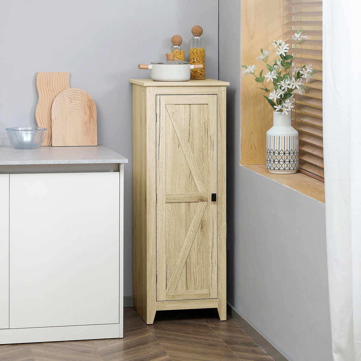 Farmhouse Kitchen Pantry Storage Cabinet with Barn Door – 17"W x 48"H