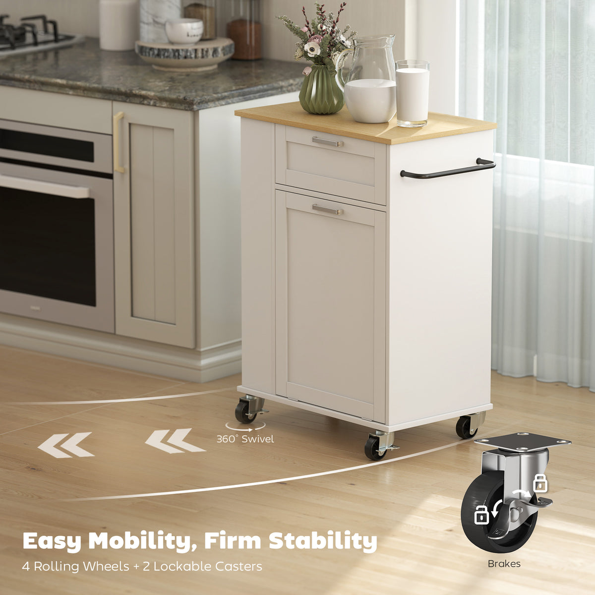 Rolling Kitchen Island with Trash Can Storage – 28"W x 35"H