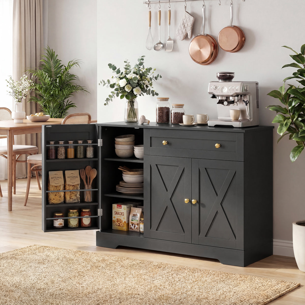 Farmhouse Sideboard with Barn Doors and Door Shelves – 47"W x 33"H