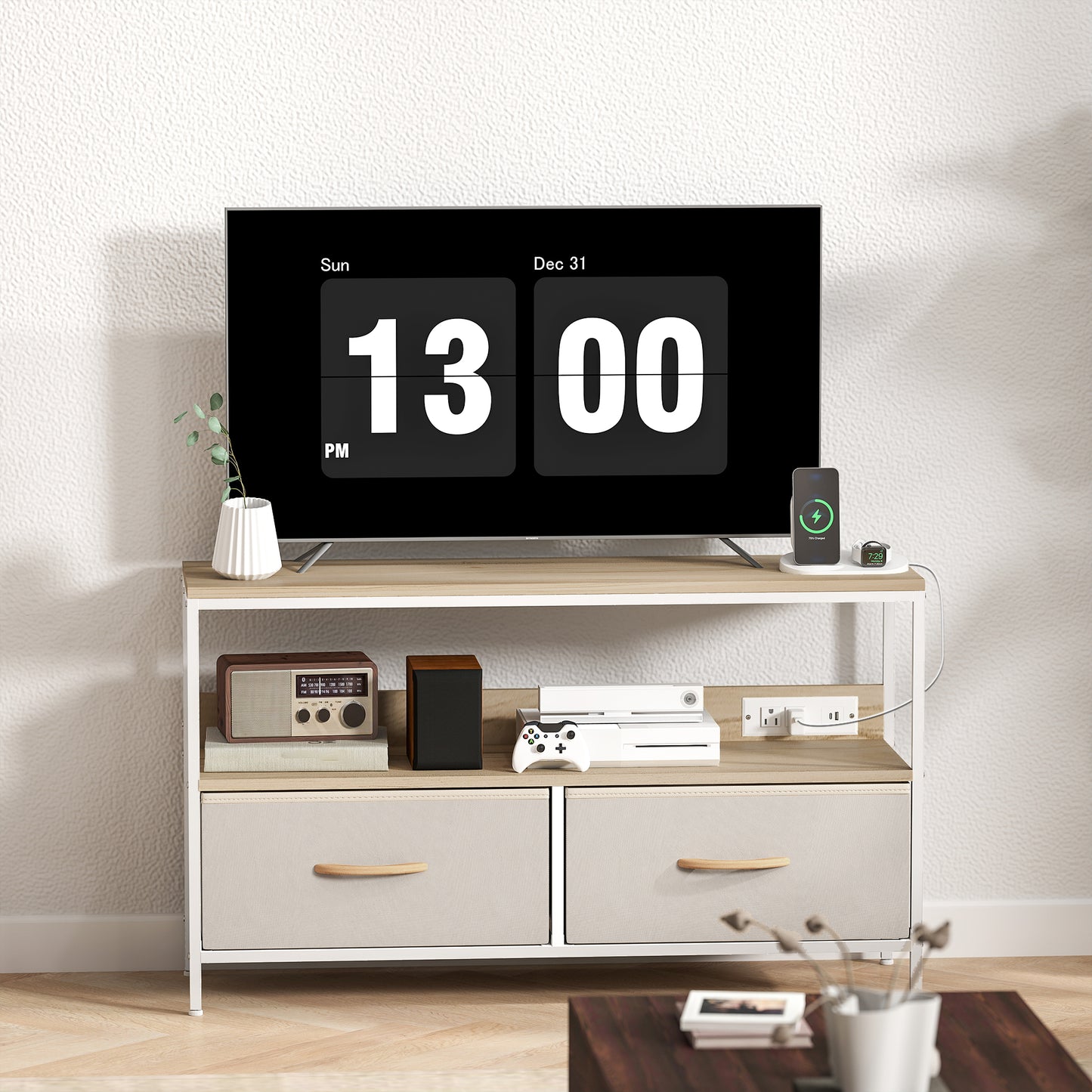 HOMCOM Modern Oak TV Stand, Charging Station, Foldable Drawers, 47-Inch TV