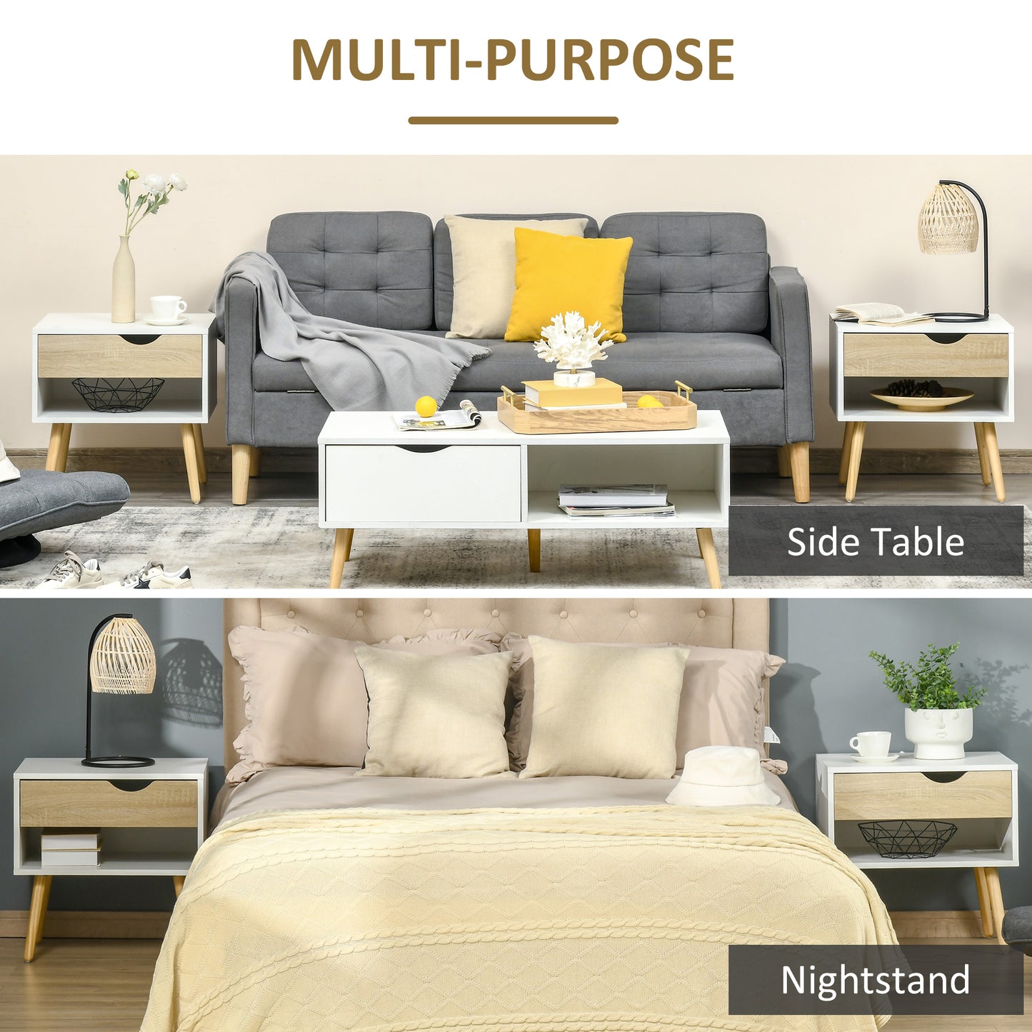 Modern Bedside Tables Set of 2 with Drawer, Shelf, Wood Legs