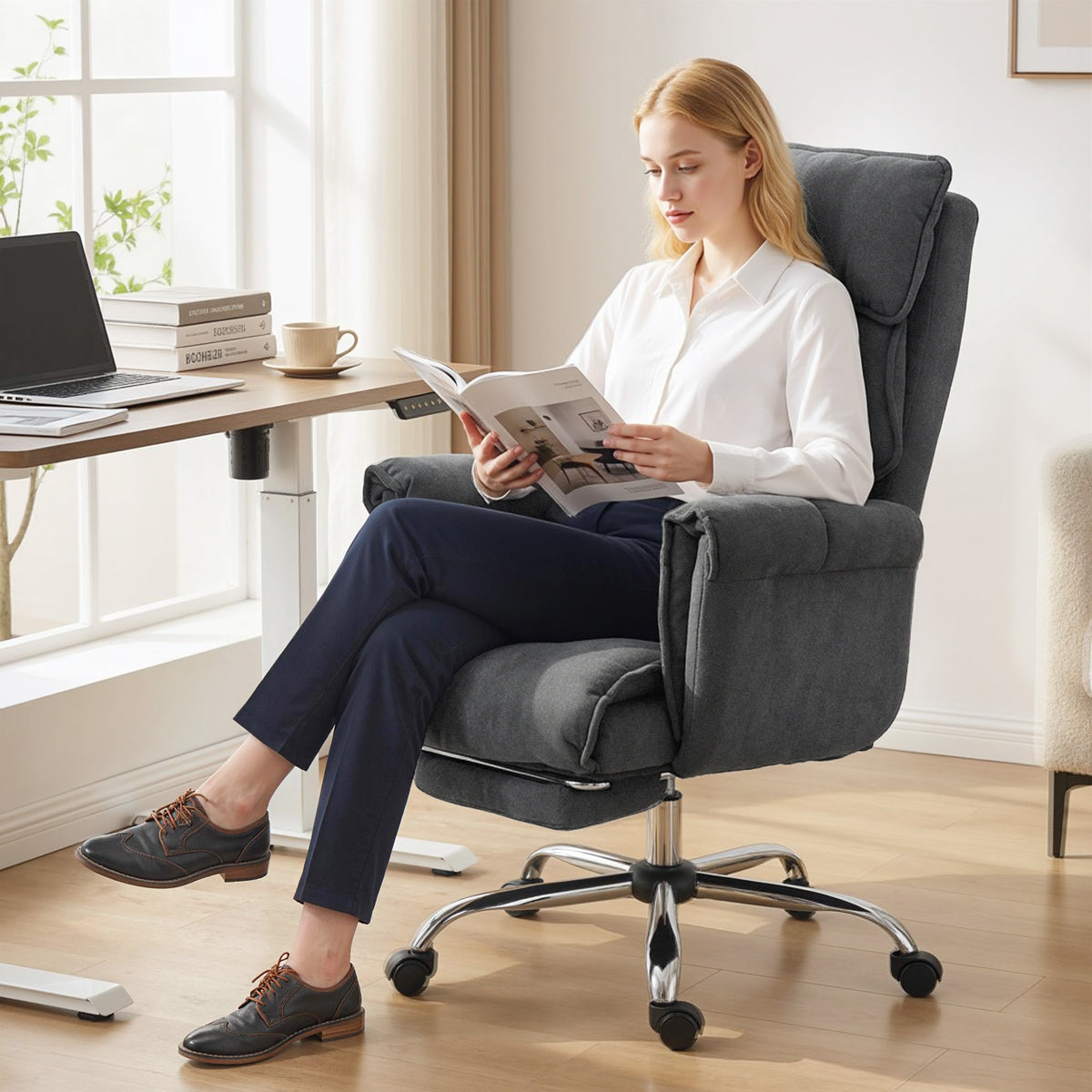 Desk Chair, Computer Office Chair with Footrest, Adjustable Backrest and Headrest, Dark Grey