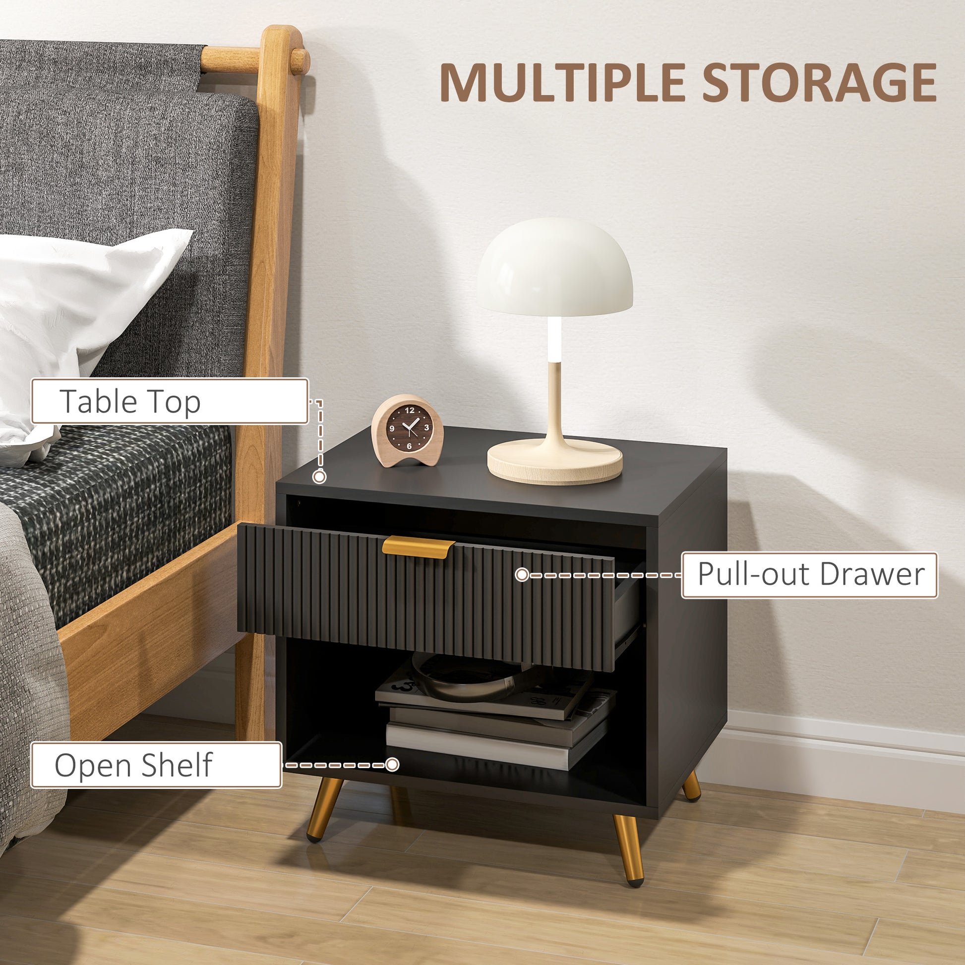 HOMCOM Modern Black Nightstand with Fluted Panel, Drawer & Open Storage for Bedroom