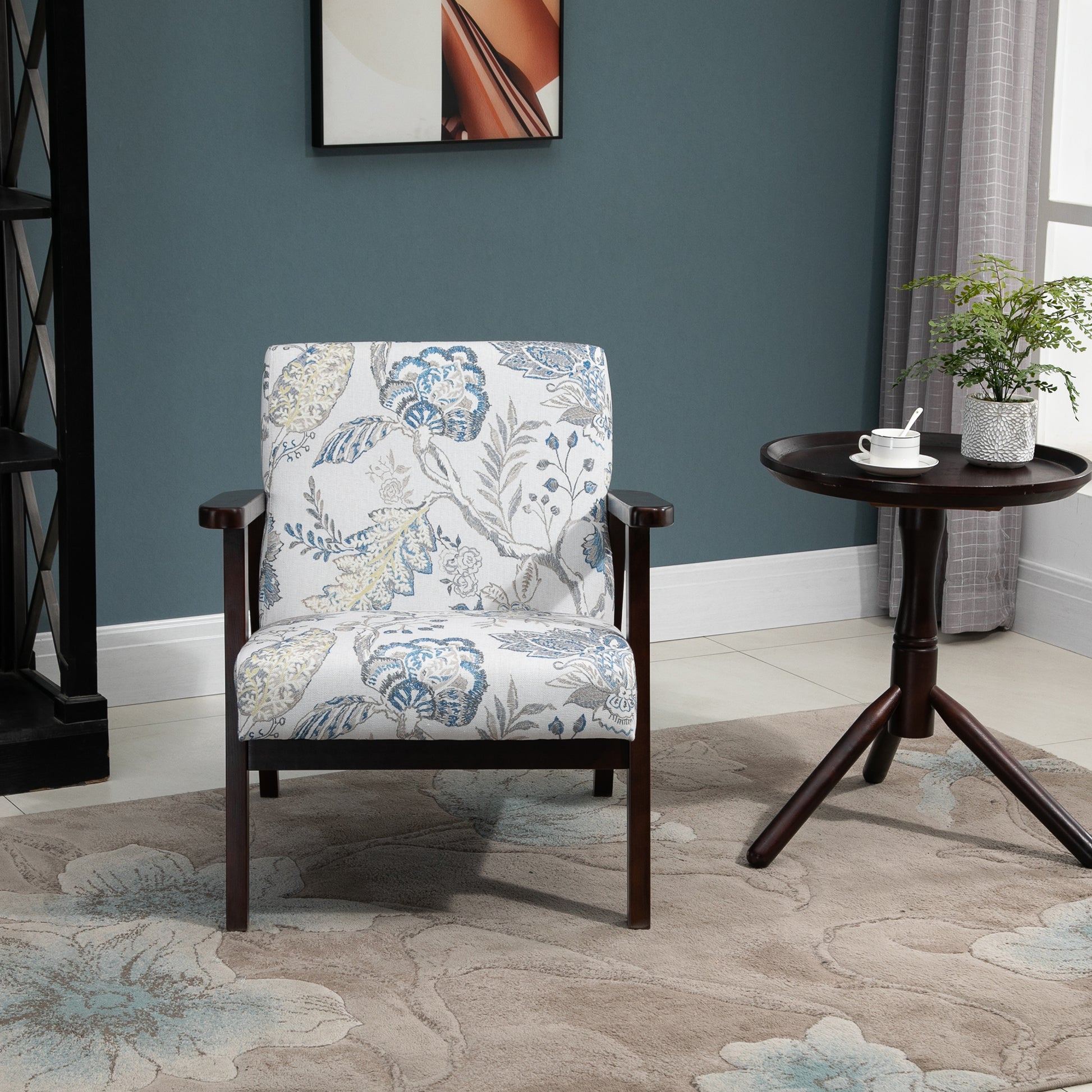 HOMCOM Mid-Century Modern Accent Lounge Chair, Floral Fabric Upholstered, Rubberwood Legs
