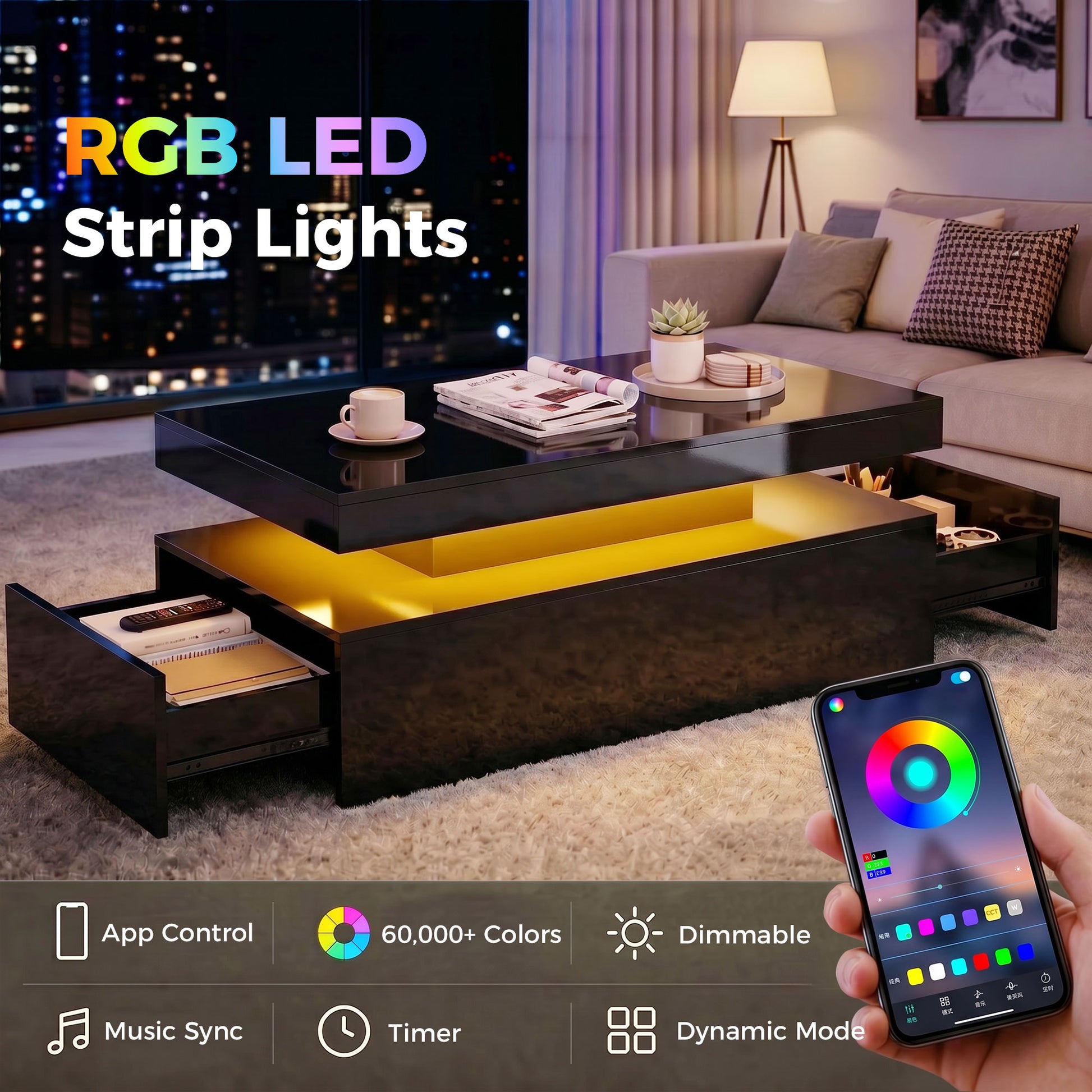 HOMCOM LED Coffee Table High Gloss Black
