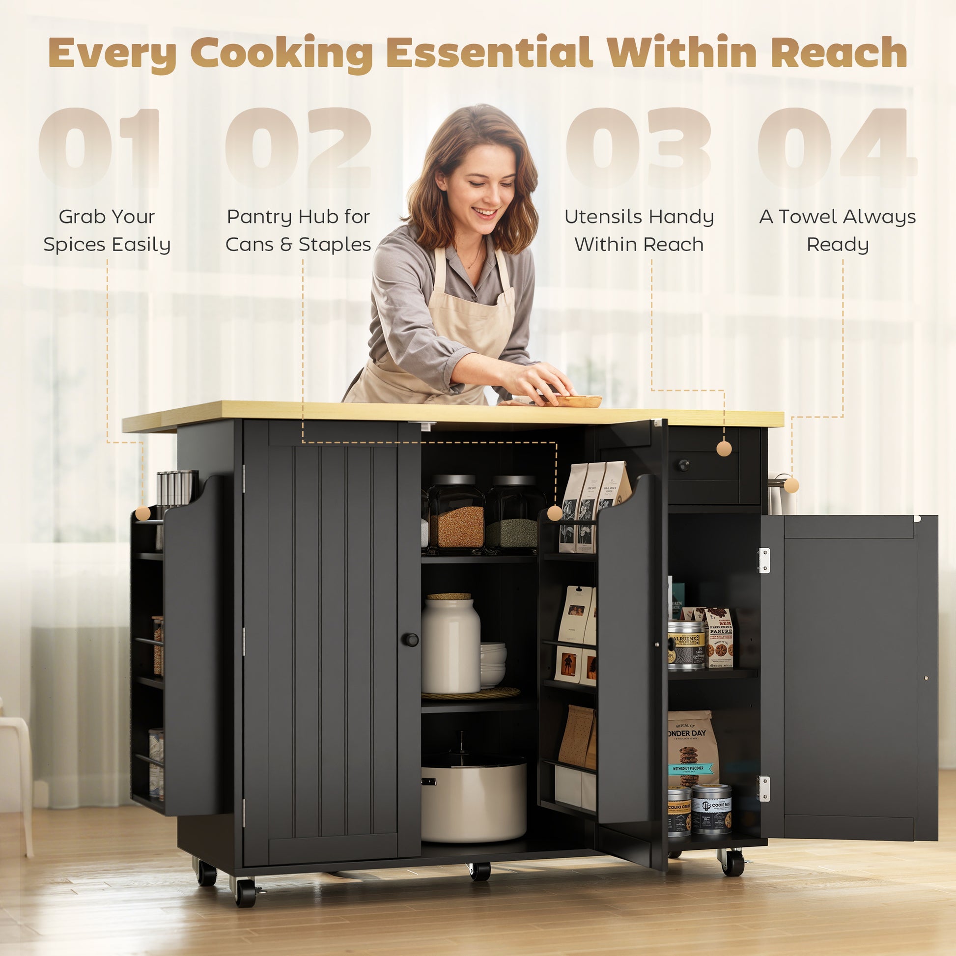HOMCOM Kitchen Island Cart Drop Leaf Drawer Spice Rack Black