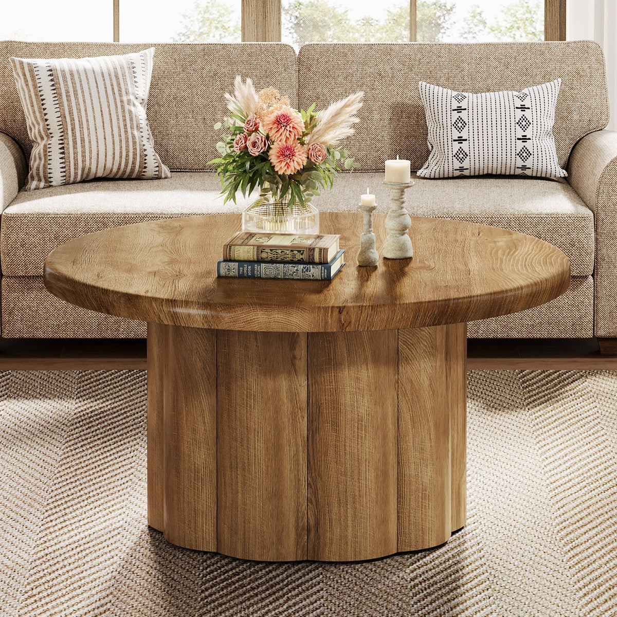 31.5" Round Coffee Table, Farmhouse Center Table with Fluted Drum Base