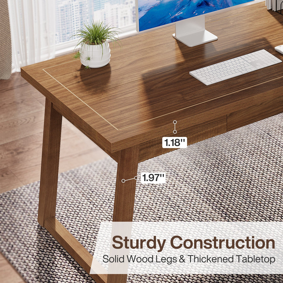 55" Computer Desk, Mid-Century Modern Study Writing Table with Drawer