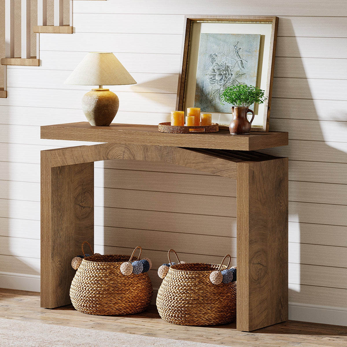 39.4" Farmhouse Console Table, Narrow Entryway Sofa Table with Hollow Design for Hallway