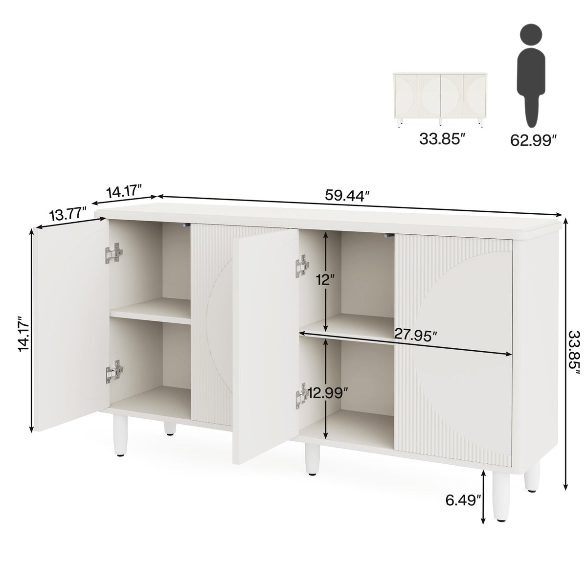 59.4" Sideboard Buffet, White Credenza Storage Cabinet with Doors