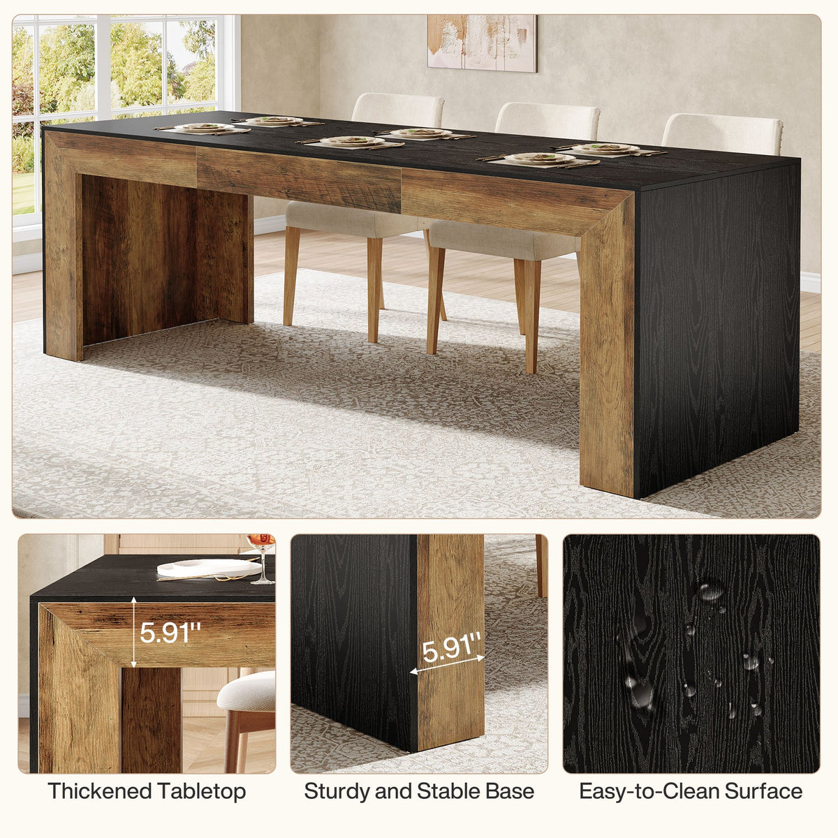 78.7" Dining Table for 6-8, Rectangular Kitchen Table with Wooden Legs
