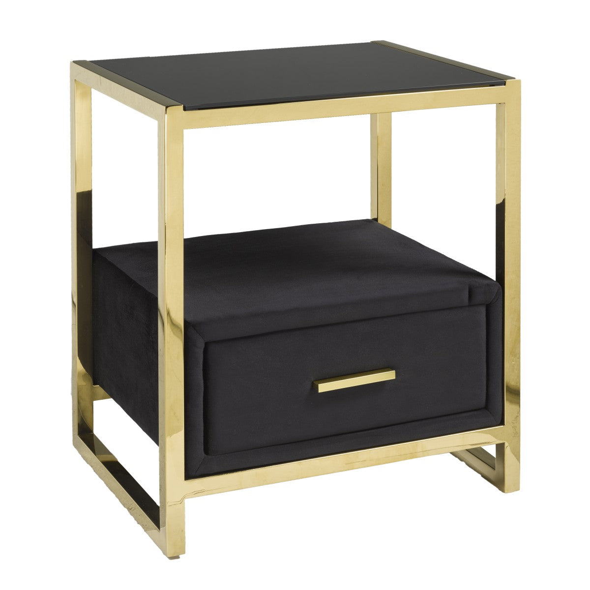 Modern Velvet Night Stand, Smoked Glass Top, Gold Accents