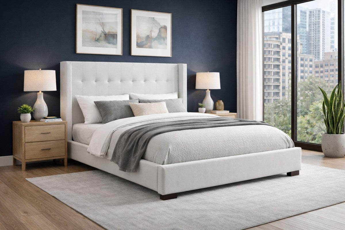 Button-Tufted Solid Wood Bed Frame – Beige