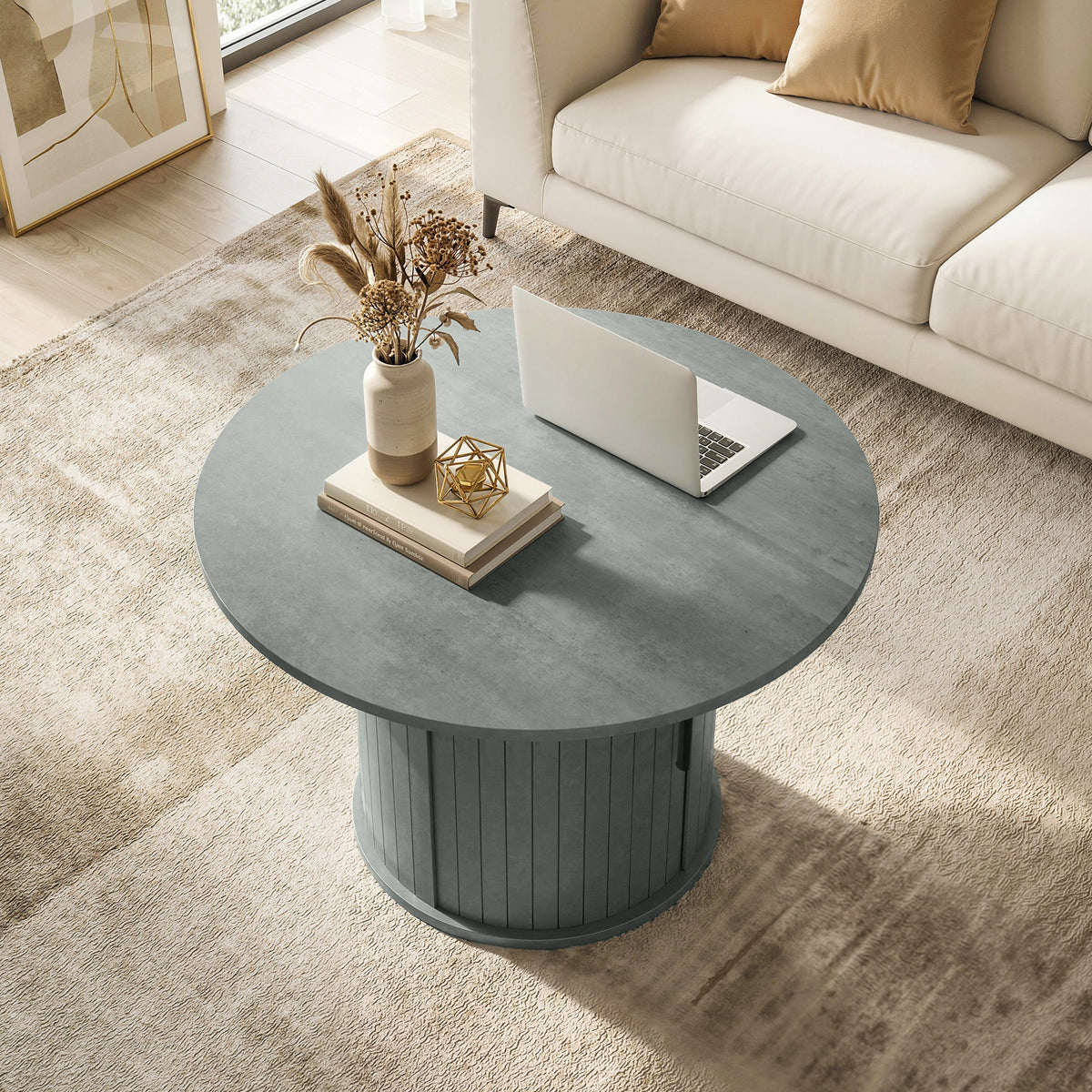 31.5" Round Coffee Table with Slatted Storage Pedestal, Cement Grey