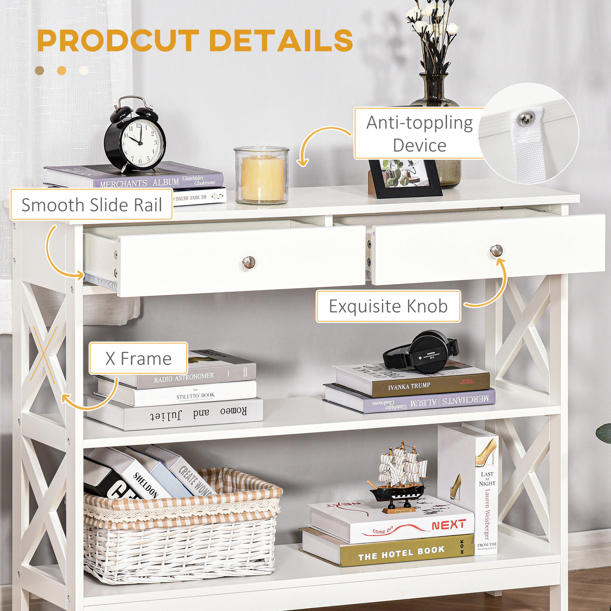 39" Console Table with Drawers, White