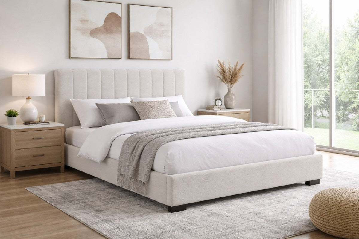 Channel-Tufted Solid Wood Bed Frame – Beige