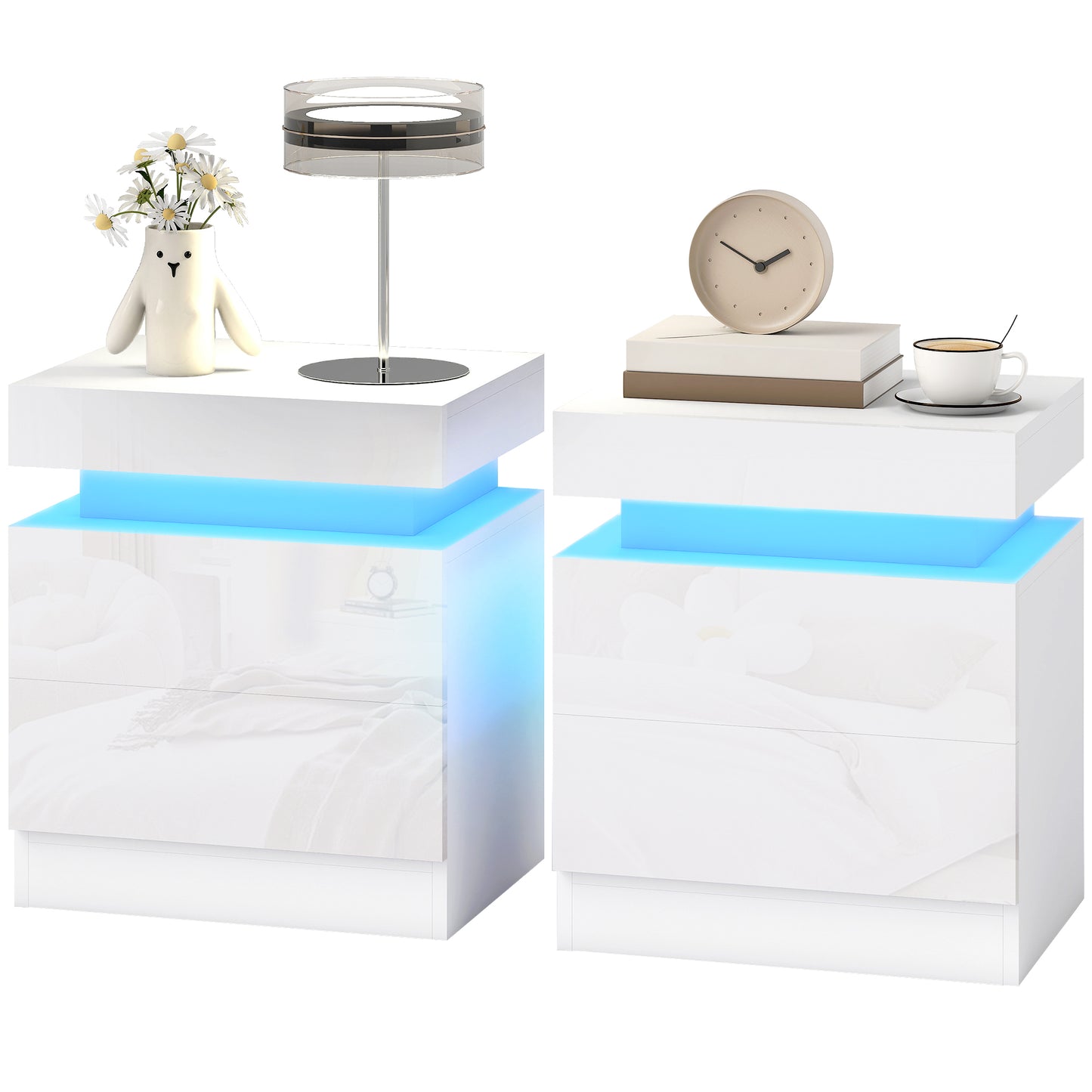 Modern Set of 2 HOMCOM LED Nightstands with 2 Drawers, White Bedside Tables