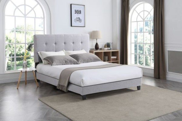 Cabo Full Platform Bed: Silver Upholstered, Tufted Headboard, Bentwood Slat