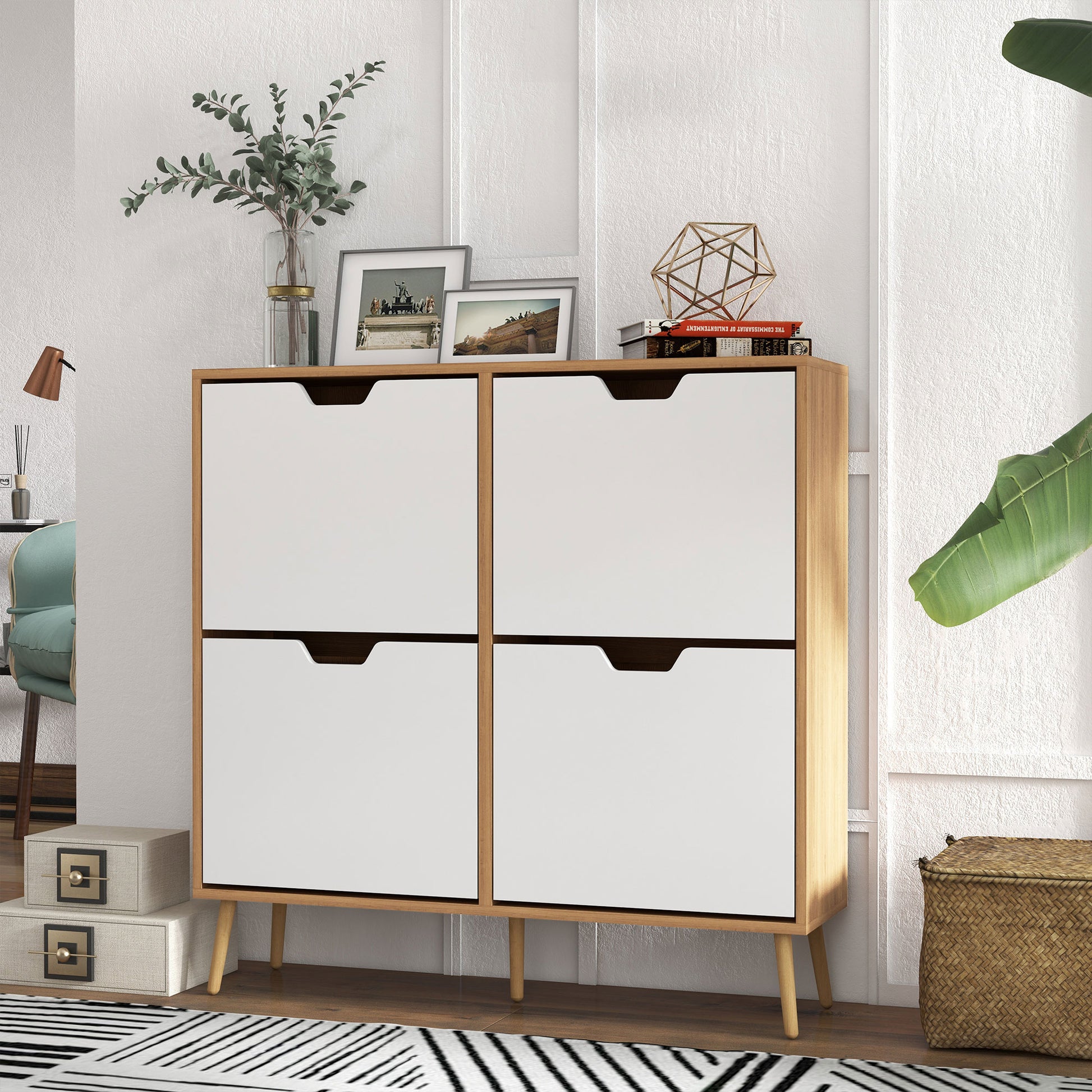 HOMCOM Modern Shoe Cabinet with 4 Flip Drawers, Adjustable Shelf, 16-Pair Storage