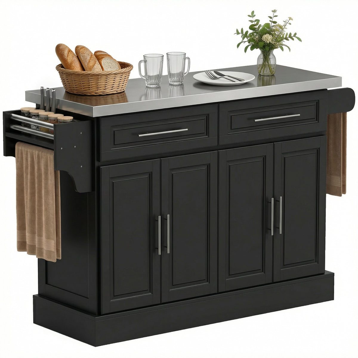 Rolling Kitchen Island with Stainless Steel Top – 57"W x 37"H