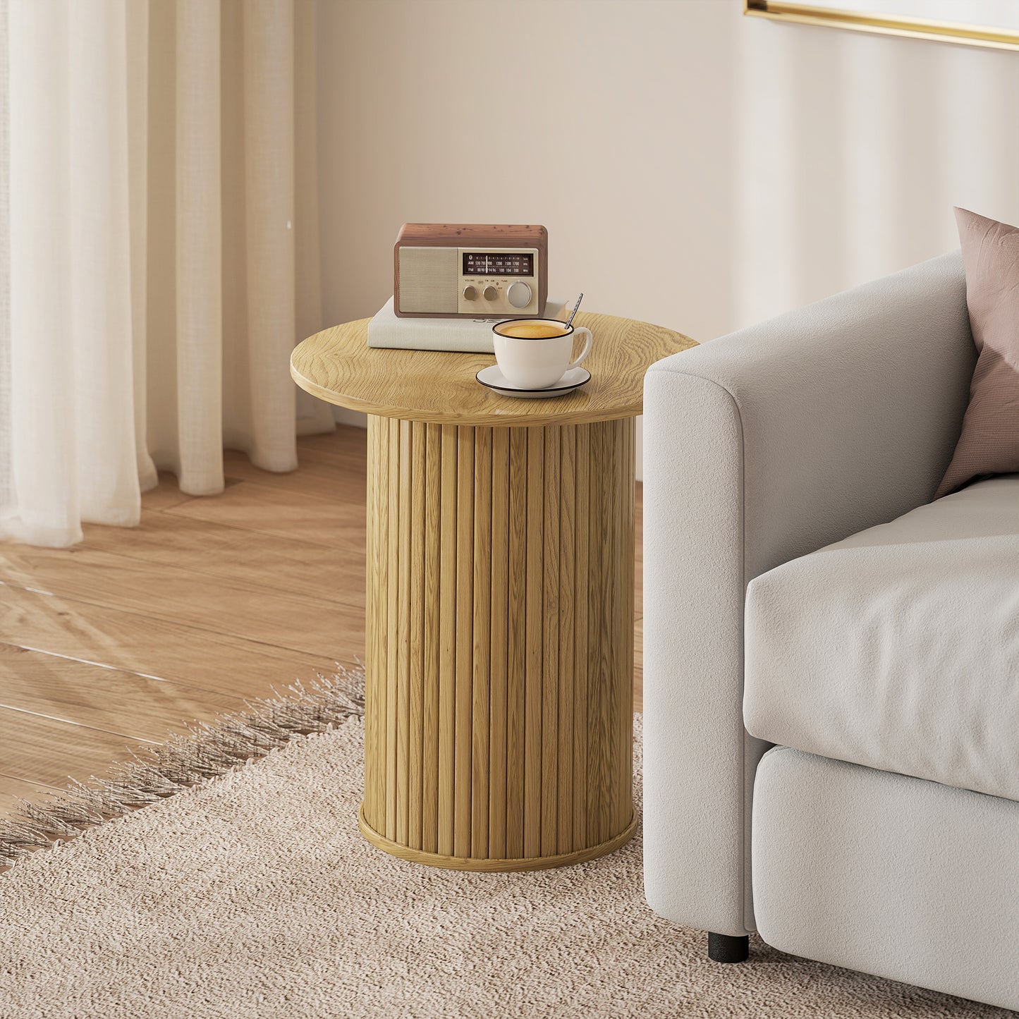 HOMCOM Round Fluted Side Table, Narrow Nightstand for Small Spaces, Oak Finish