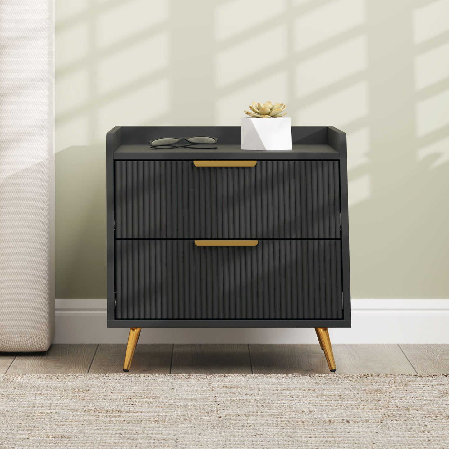 Modern Black Nightstand with Fluted Drawers, Gold Metal Legs, Bedroom Storage