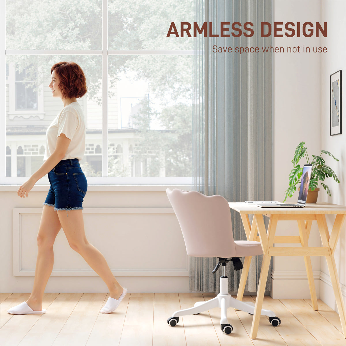 Office Chair, Armless Swivel Desk Chair with Adjustable Height, Backrest, Pink