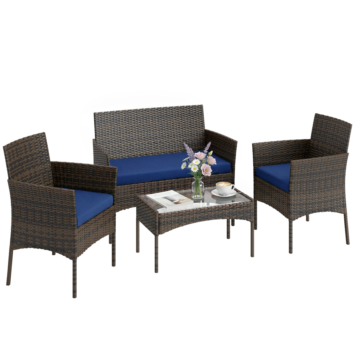 4 Pieces Wicker Outdoor Balcony Furniture Set, Rattan Patio Furniture Set with Loveseat Chairs Glass Coffee Table – Navy Blue