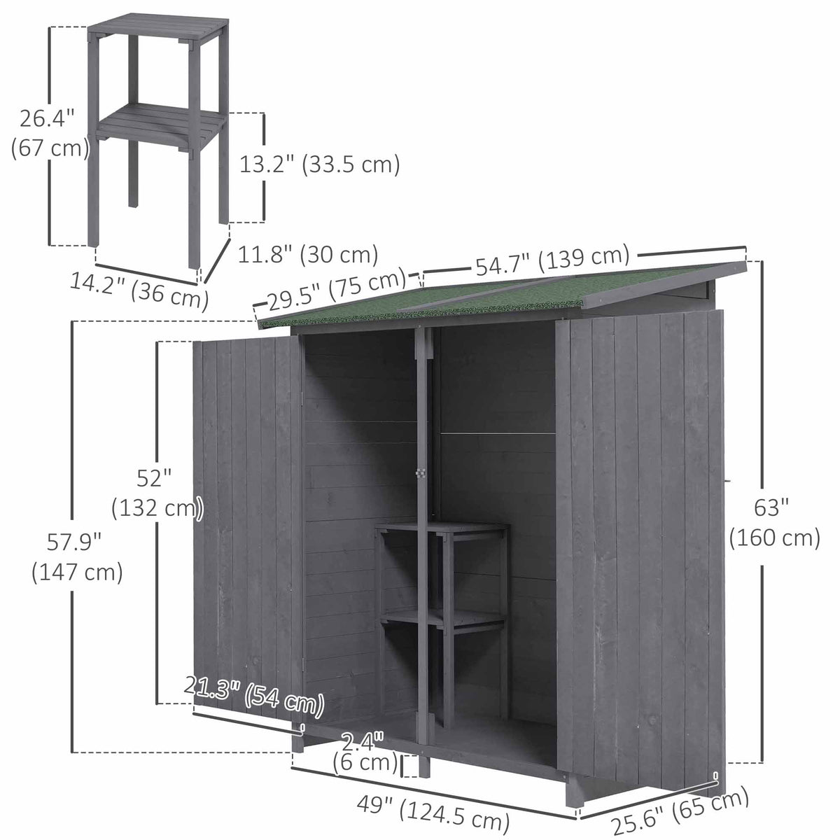 Garden Storage Shed Asphalt Roof Wooden Timber Double Door Utility Storage House with Shelf, Green and