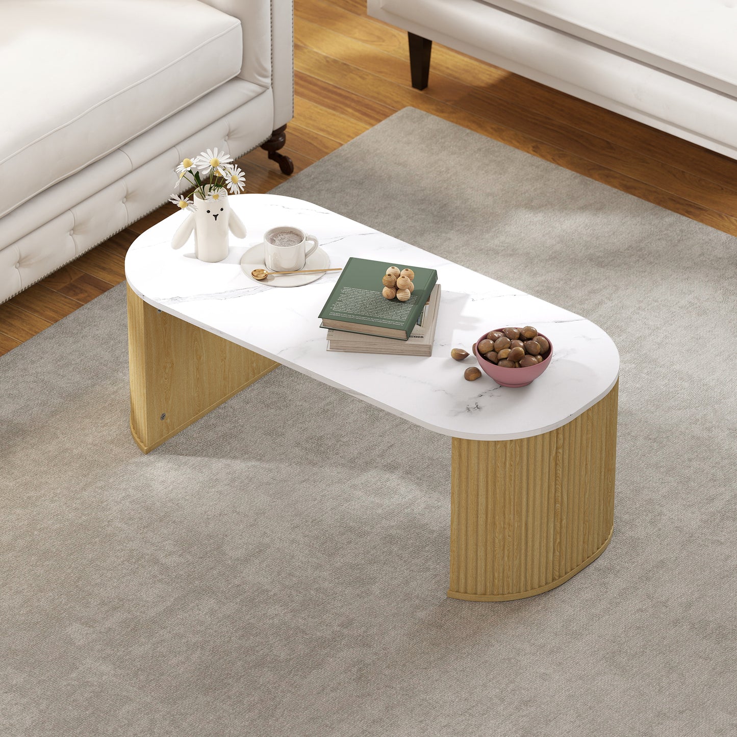 Modern Marble-Effect Coffee Table with Rounded Corners and Natural Wood Legs
